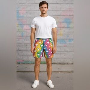 Keith Kelly Made in NYC Rainbow Pride Heart Print Canvas Shorts Unisex XS Cotton